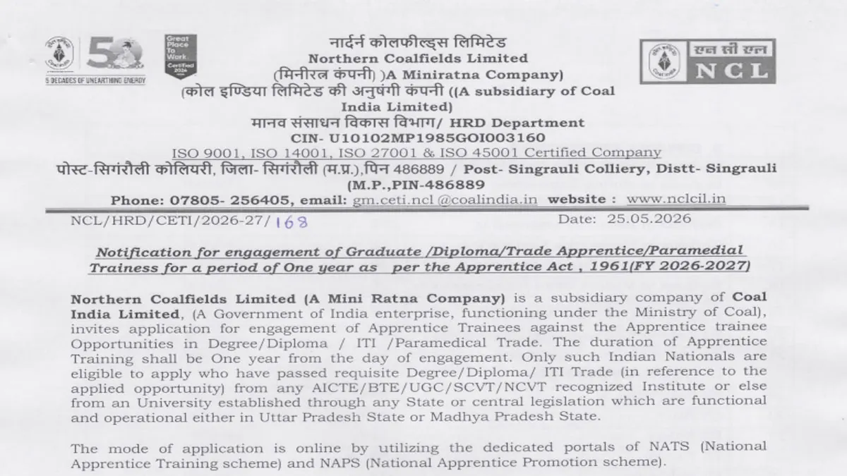 Apply for NCL Apprentice Recruitment 2026. Northern Coalfields Limited invites applications for 1607 Graduate, Diploma, ITI & Paramedical Apprentice posts.