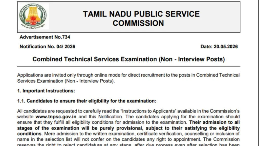 TNPSC Combined Technical Services Recruitment 2026: Apply Online