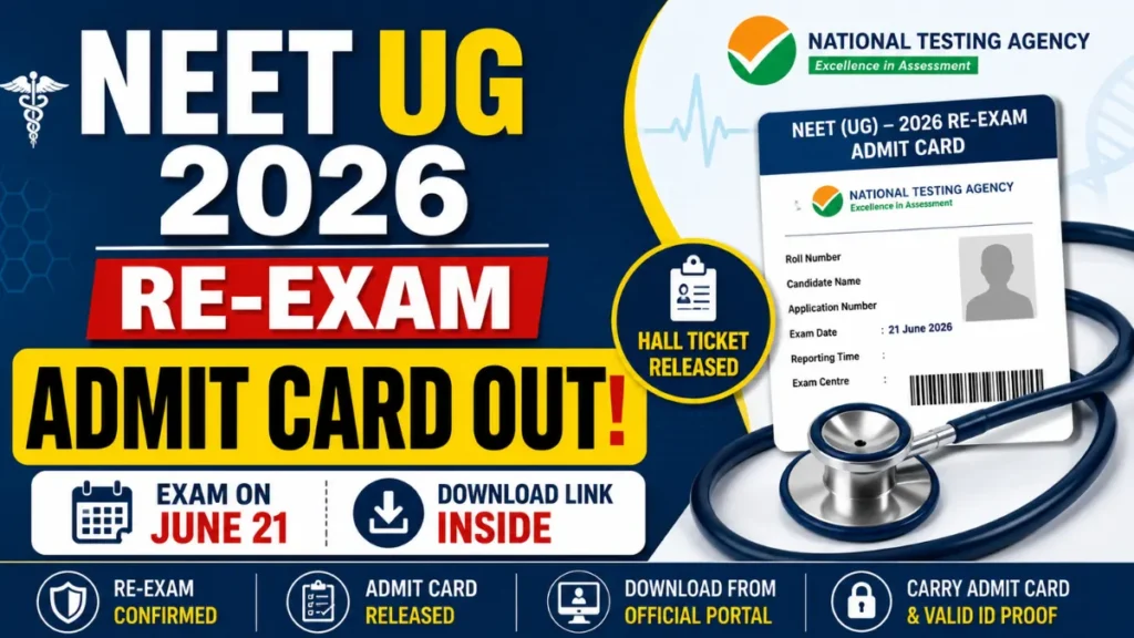 The NTA has released the NEET UG 2026 Re-Exam Admit Card. Candidates appearing for the re-examination can now download their hall tickets and check exam centre details online.