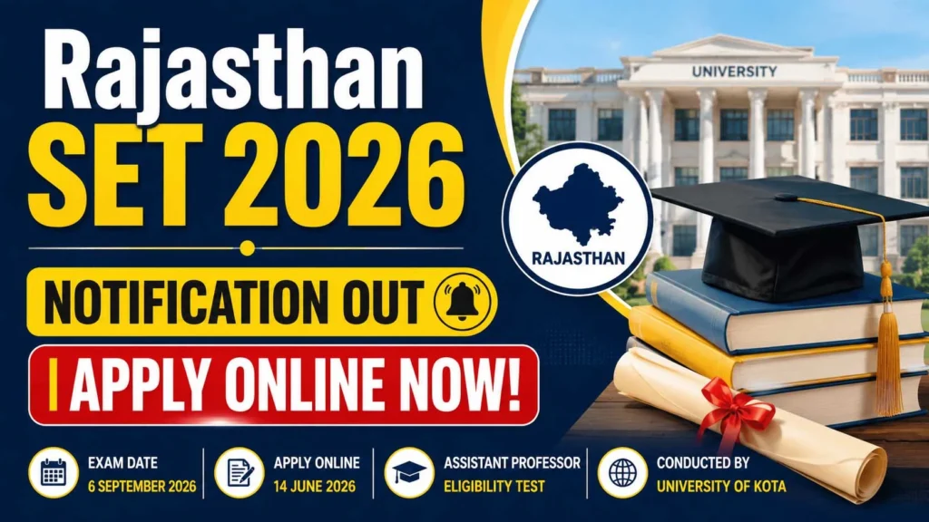 Apply online for Rajasthan SET 2026 conducted by the University of Kota. Check eligibility, application dates, exam pattern, fees, and direct registration details.